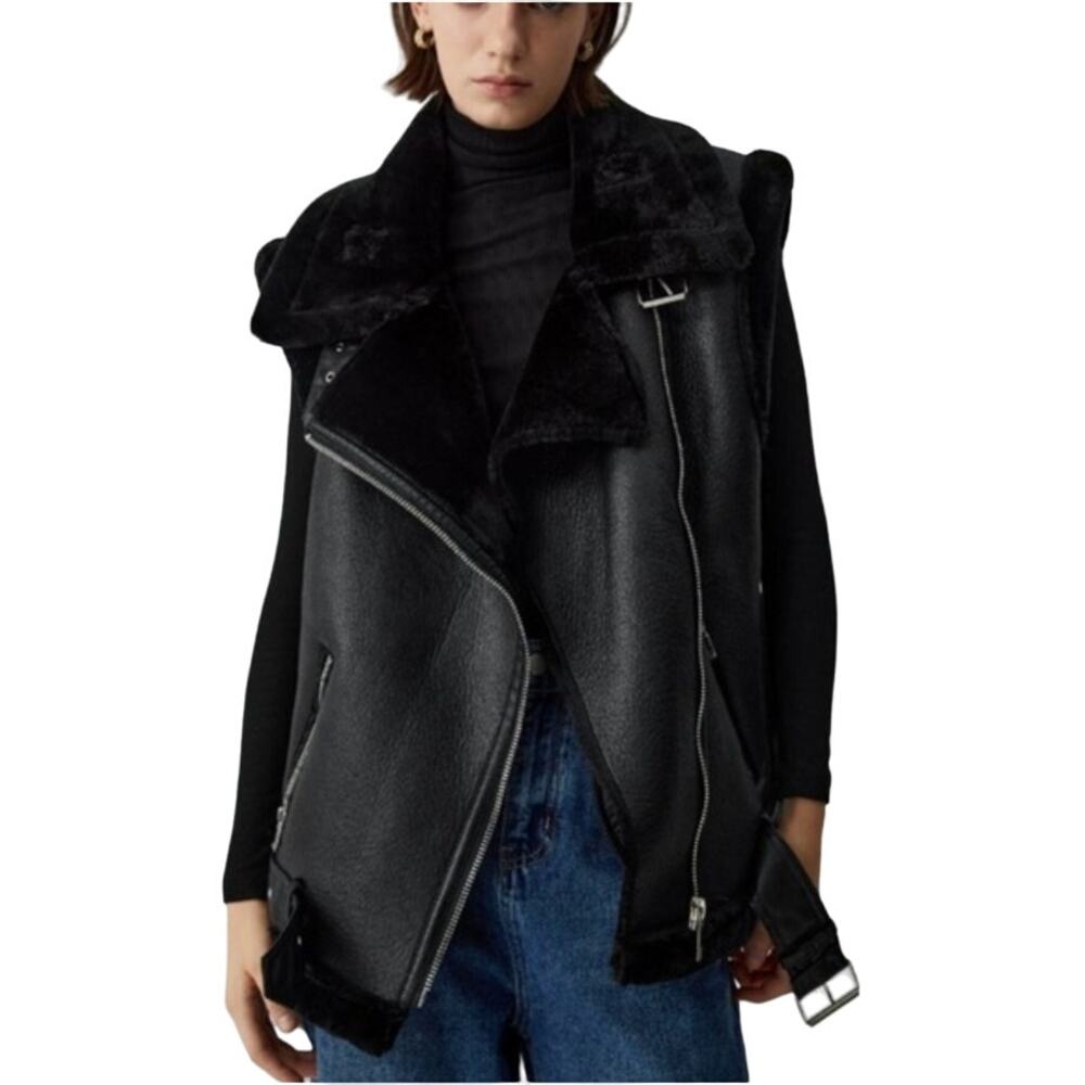 HOUSE OF HARLOW 1960 faux suede leather fur black oversized moto vest womans S